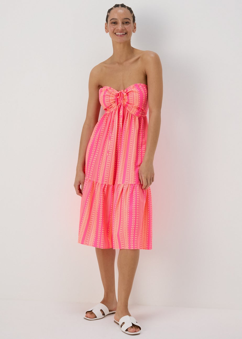 Pink Aztec Ruched Bandeau Midi Dress