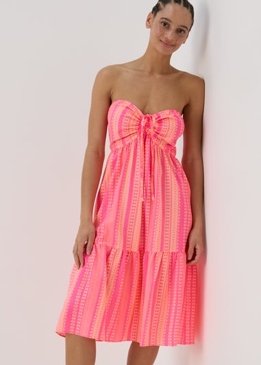 Pink Aztec Ruched Bandeau Midi Dress