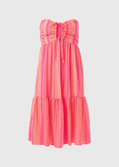 Pink Aztec Ruched Bandeau Midi Dress