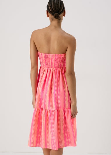 Pink Aztec Ruched Bandeau Midi Dress