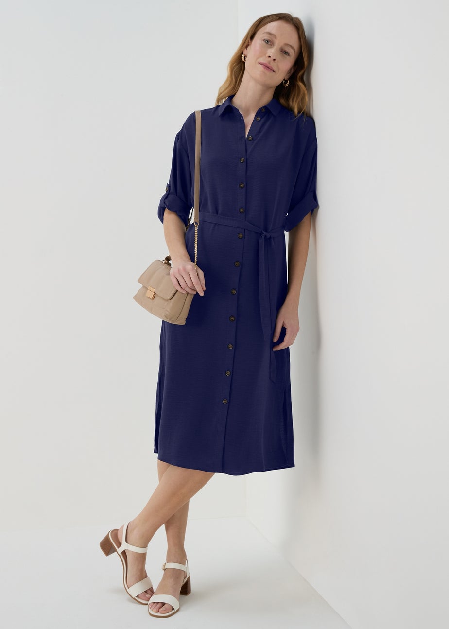Navy 3/4 Sleeve Midi Shirt Dress