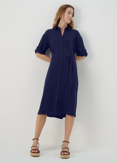 Navy 3/4 Sleeve Midi Shirt Dress