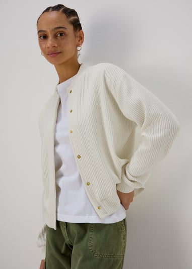 Cream Ribbed Bomber Jacket