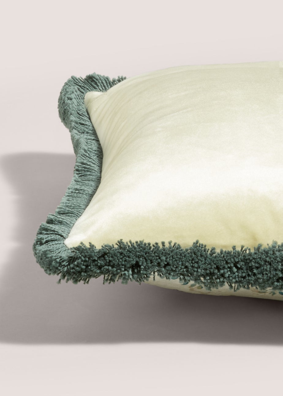 Green Peacock Print Fringe Edge Cushion (43cm x 43cm)