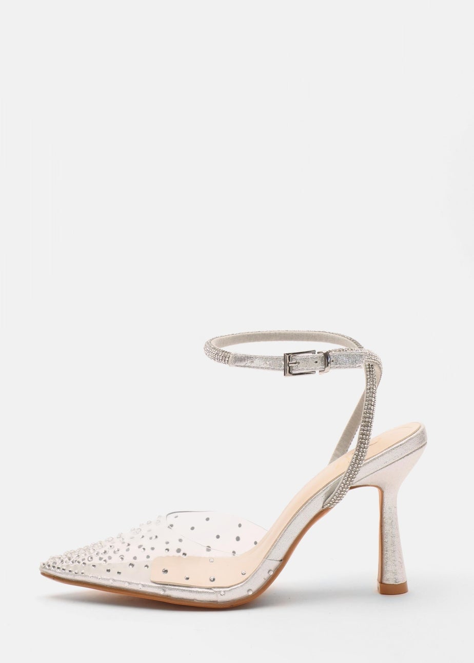 Quiz Silver Clear Embellished Court Heels