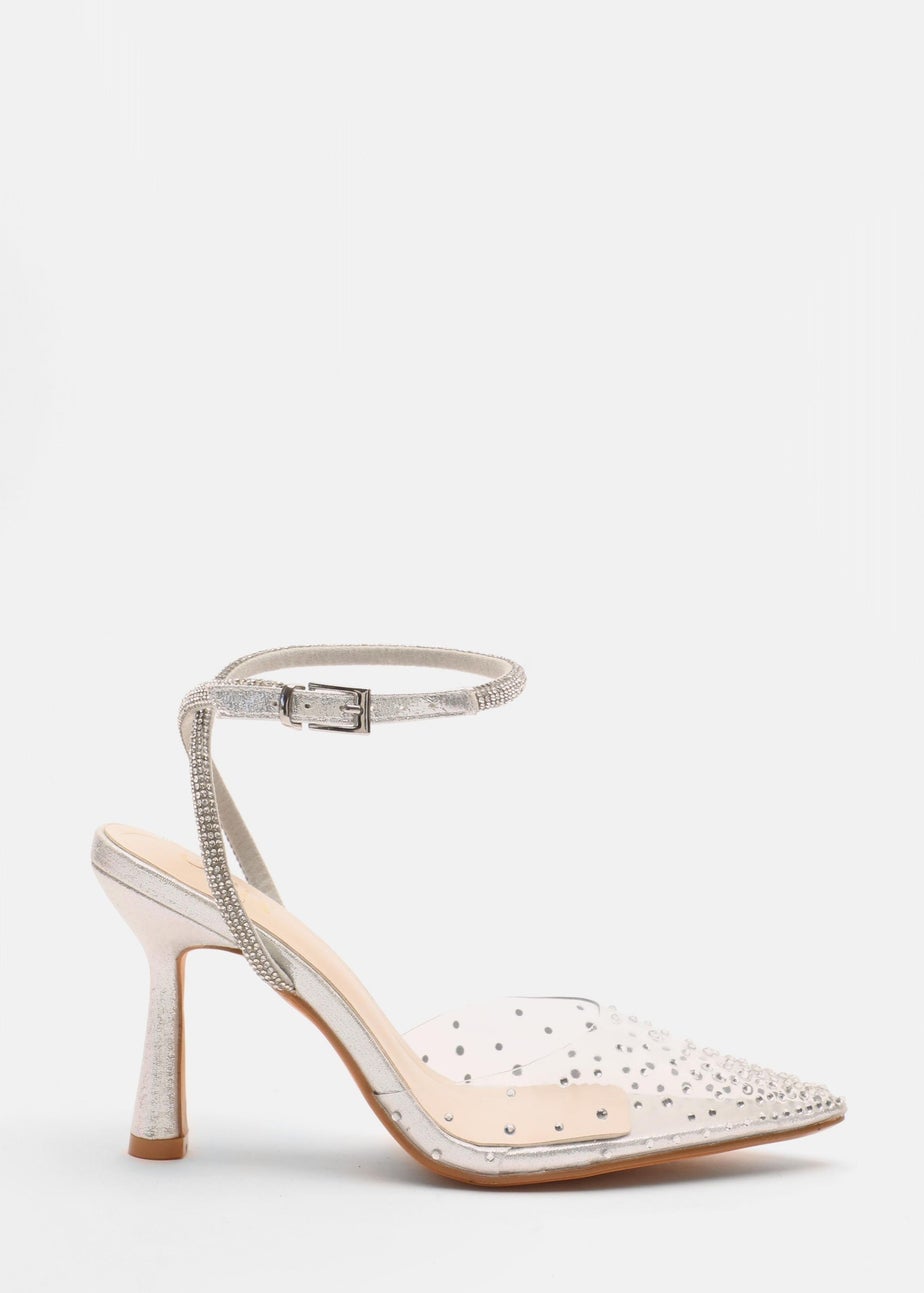 Quiz Silver Clear Embellished Court Heels