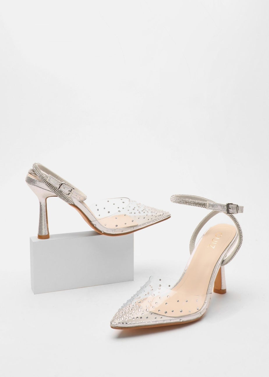Quiz Silver Clear Embellished Court Heels