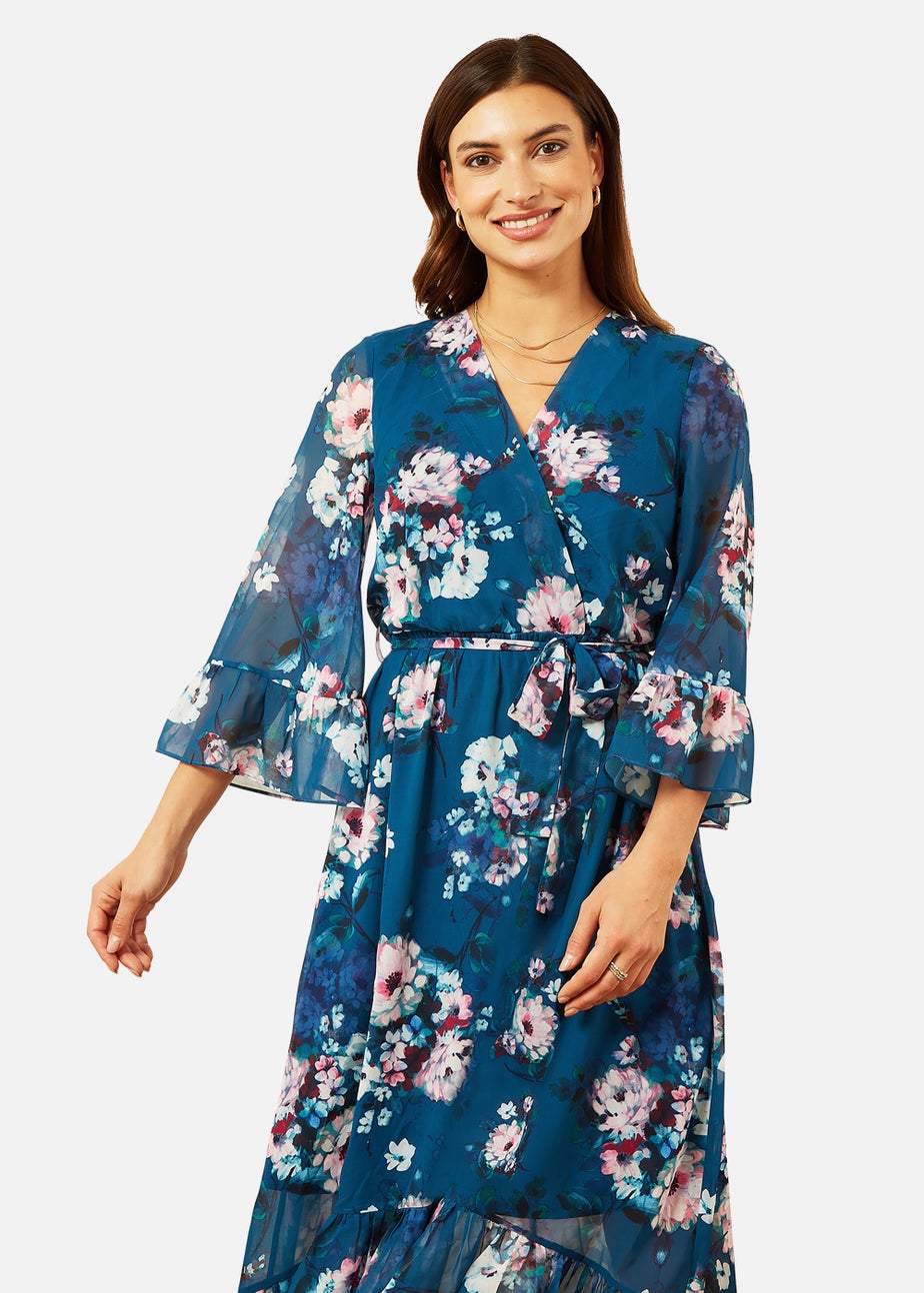Yumi Watercolour Floral Dip Hem Midi Dress In Teal