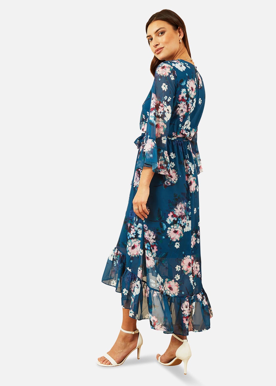 Yumi Watercolour Floral Dip Hem Midi Dress In Teal