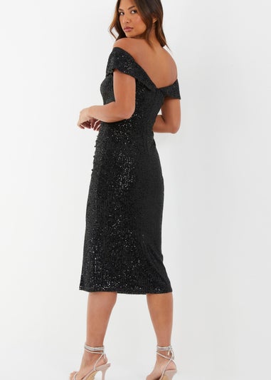 Quiz Black Sequin Bardot Split Midi Dress