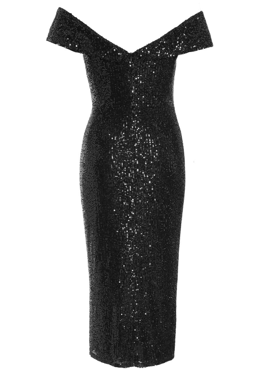 Quiz Black Sequin Bardot Split Midi Dress