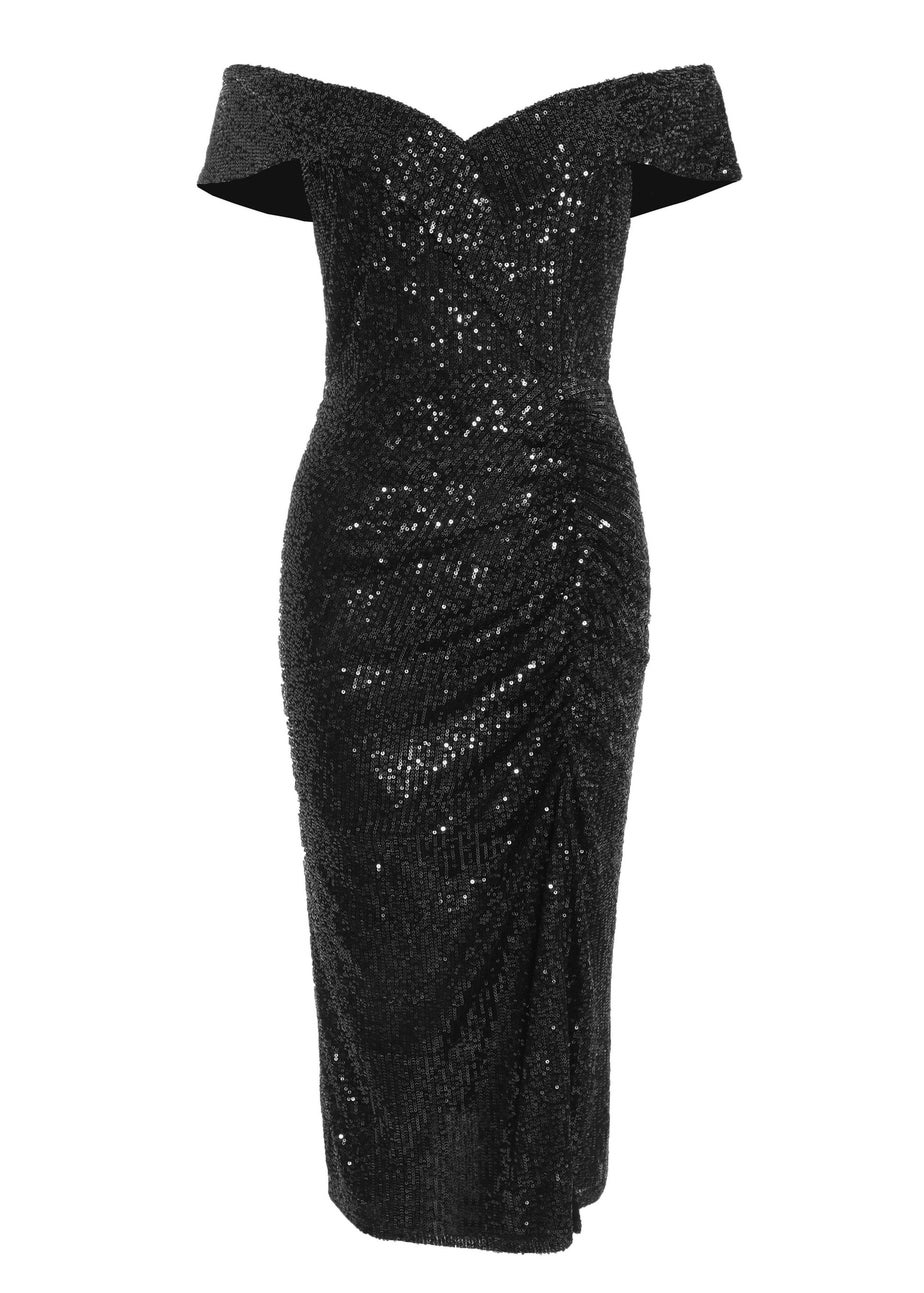 Quiz Black Sequin Bardot Split Midi Dress