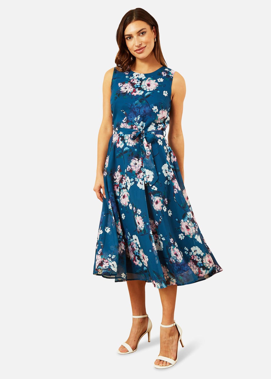 Yumi Watercolour Floral Skater Dress In Teal