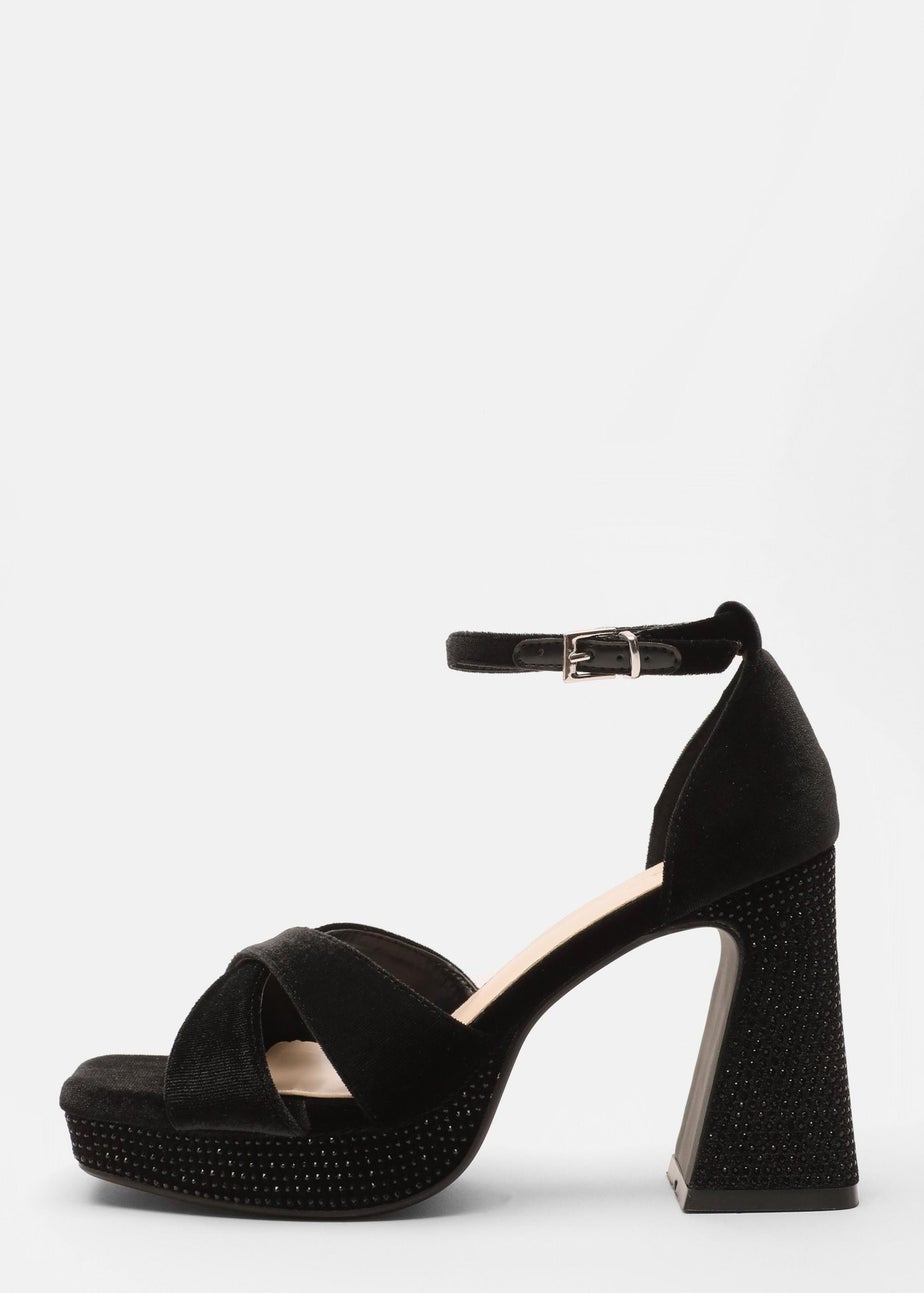 Quiz Black Velvet Diamante Platform Heels