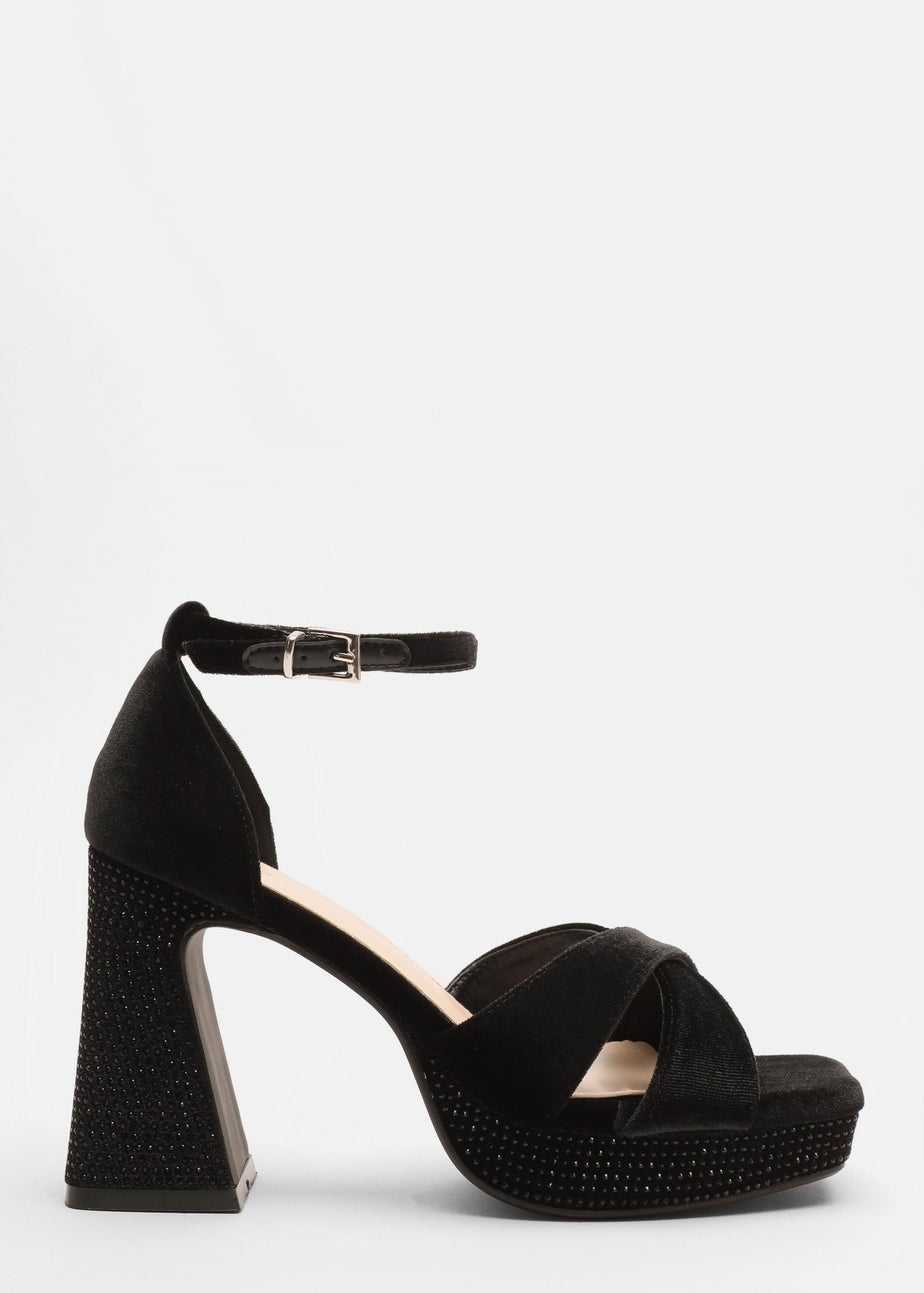 Quiz Black Velvet Diamante Platform Heels