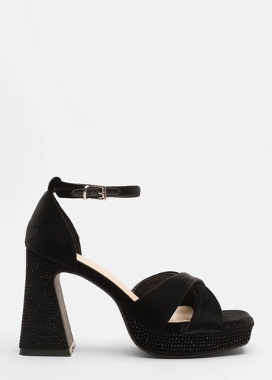 Quiz Black Velvet Diamante Platform Heels