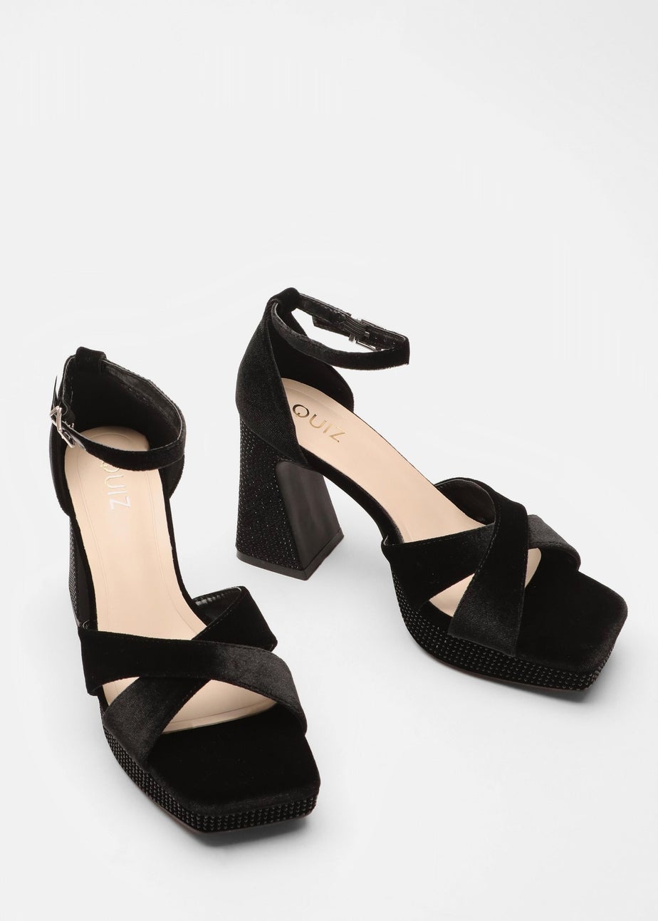 Quiz Black Velvet Diamante Platform Heels