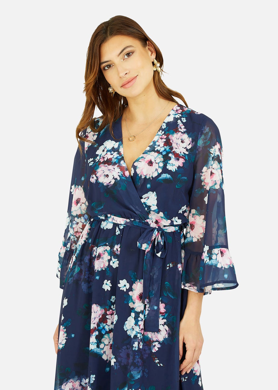 Yumi Navy Watercolour Floral Dip Hem Midi Dress