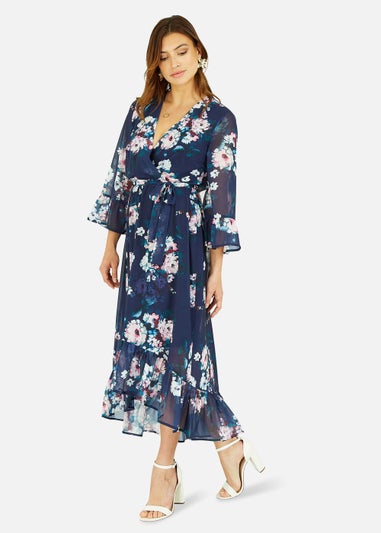 Yumi Navy Watercolour Floral Dip Hem Midi Dress