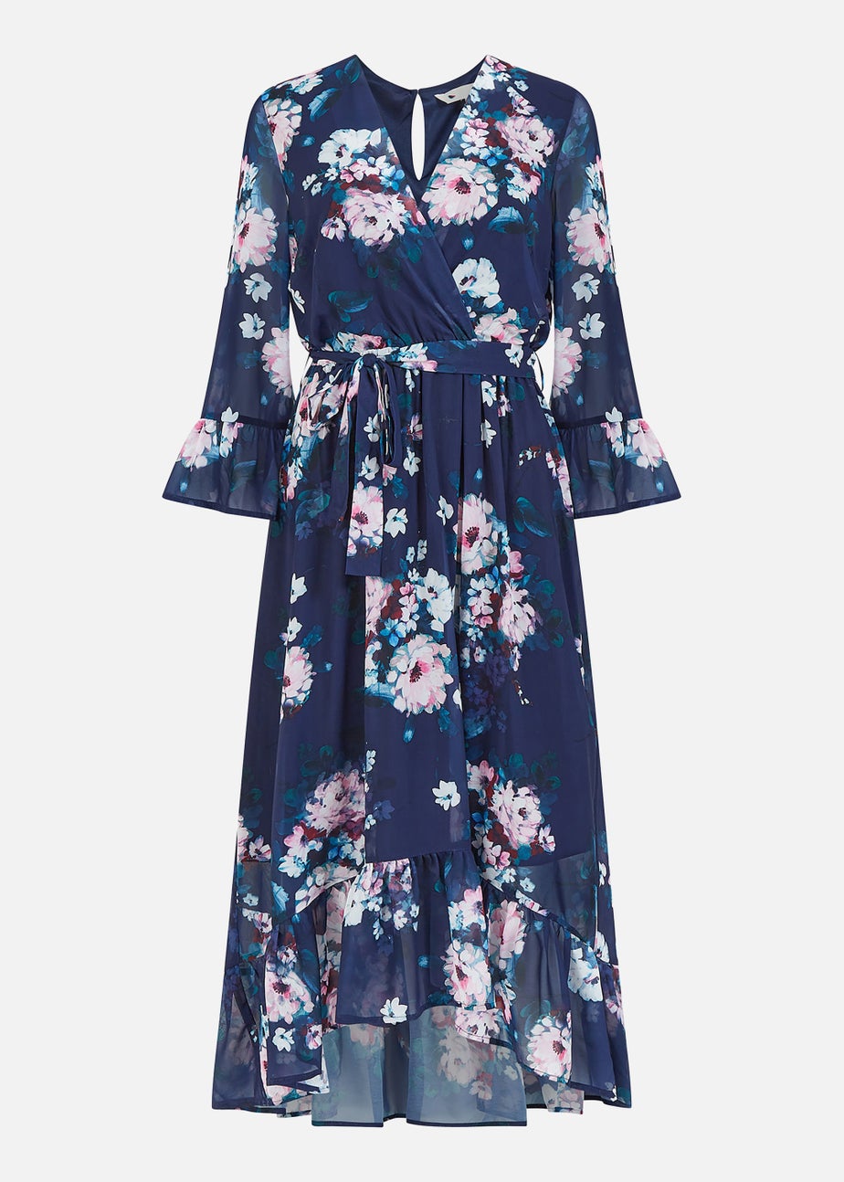 Yumi Navy Watercolour Floral Dip Hem Midi Dress