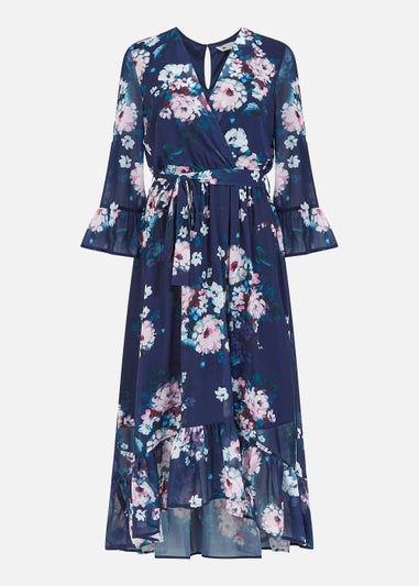 Yumi Navy Watercolour Floral Dip Hem Midi Dress