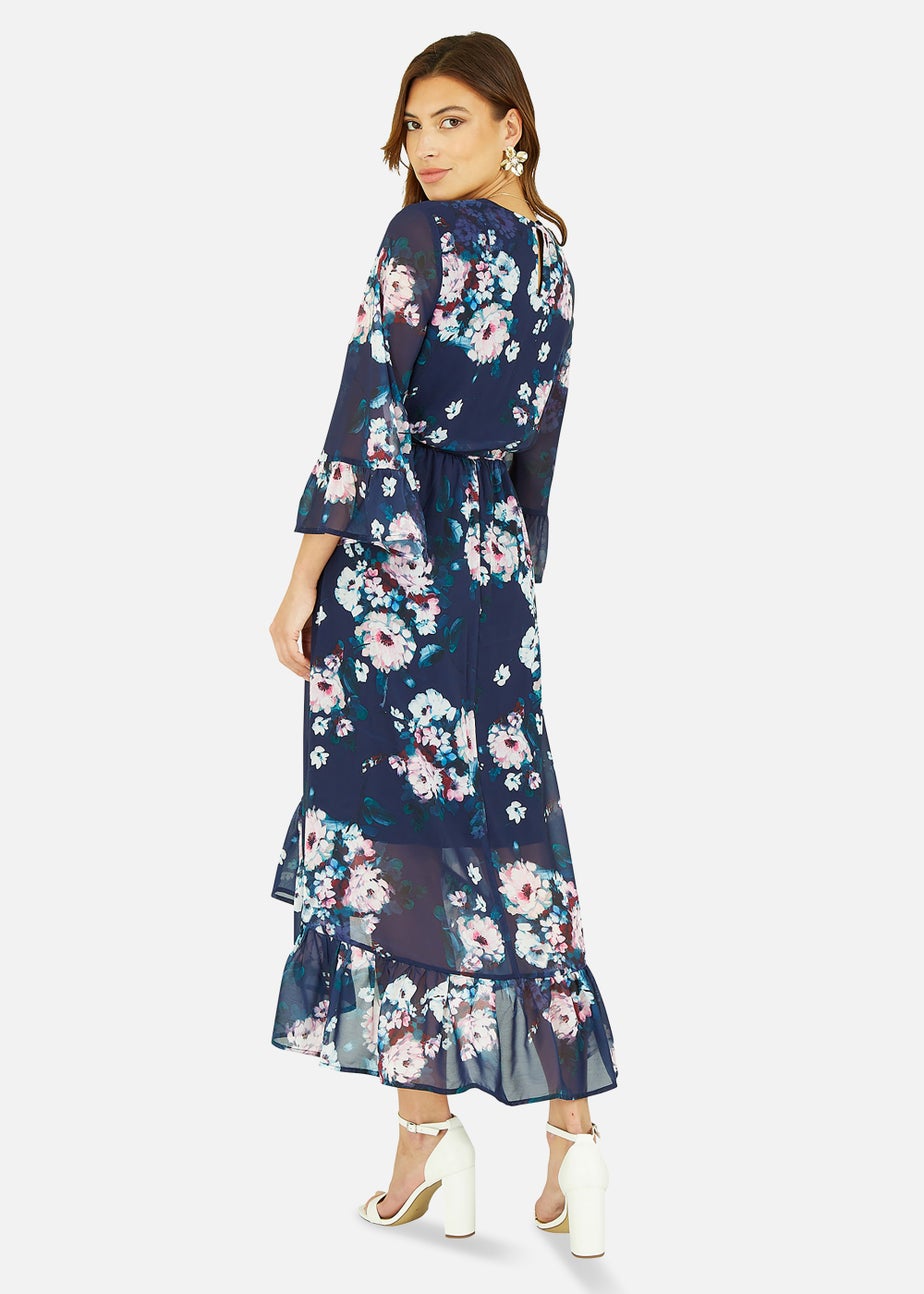 Yumi Navy Watercolour Floral Dip Hem Midi Dress