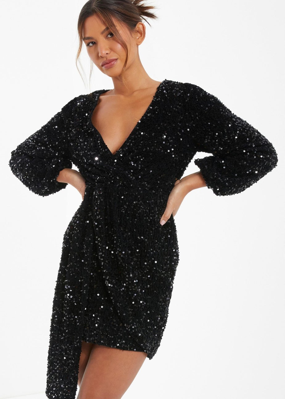 Quiz Black Sequin Long Sleeve Mini Dress Matalan