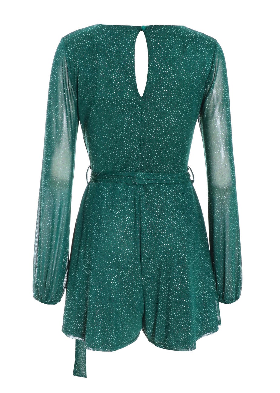 Quiz Green Glitter Mesh Playsuit Matalan