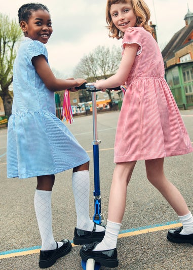 Girls Blue Gingham Knit Collar School Dress (3-14yrs)