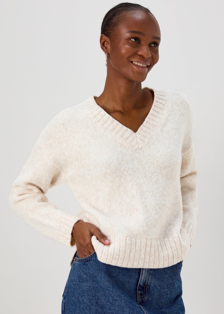 Oatmeal V Neck Brushed Jumper