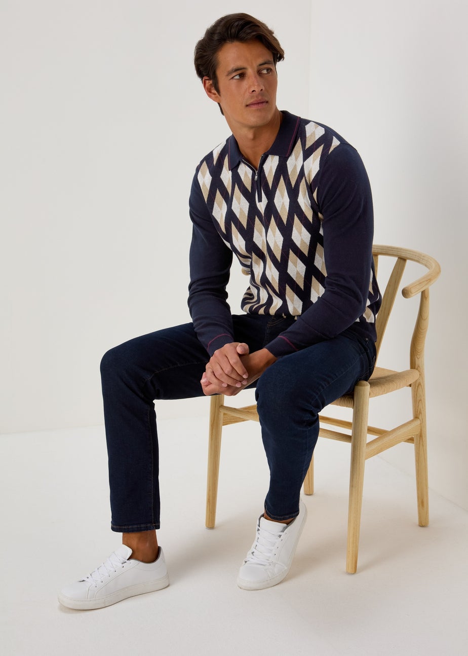 Navy Argyle Zip Up Polo Shirt