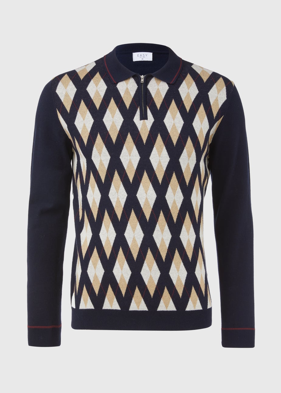 Navy Argyle Zip Up Polo Shirt