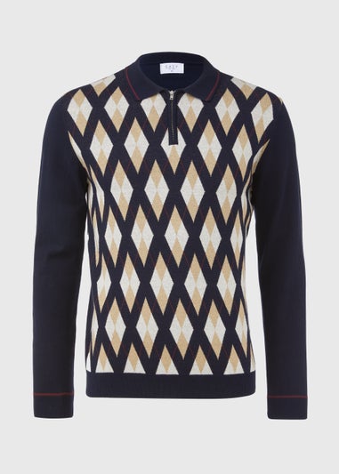 Navy Argyle Zip Up Polo Shirt