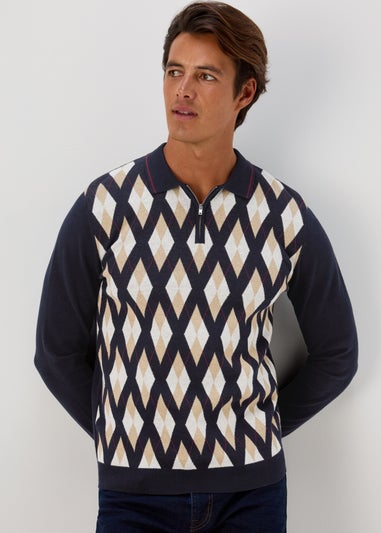 Navy Argyle Zip Up Polo Shirt