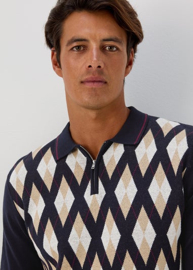 Navy Argyle Zip Up Polo Shirt