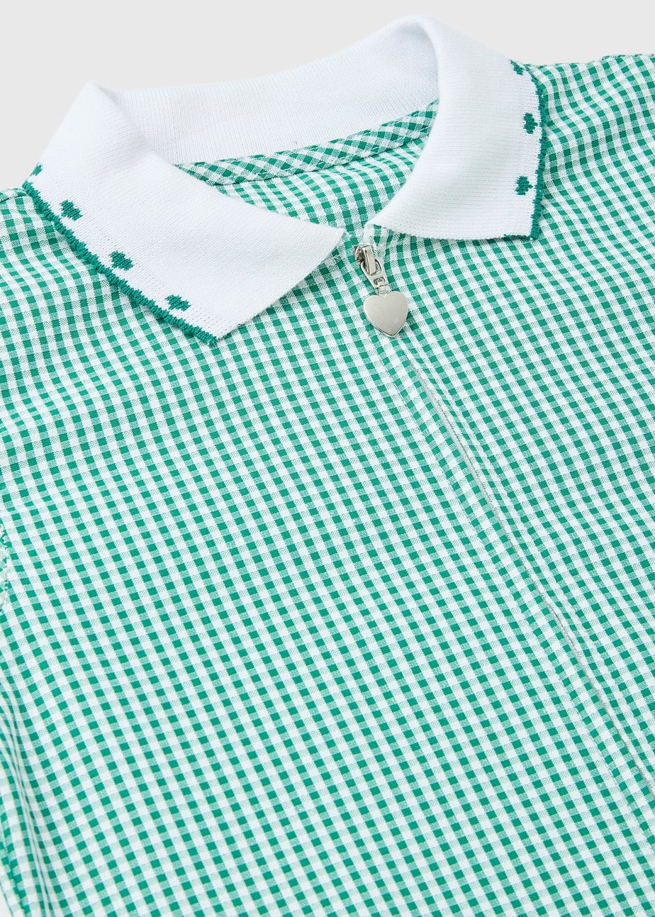 Girls Green Gingham Knit Collar School Dress (4-14yrs)