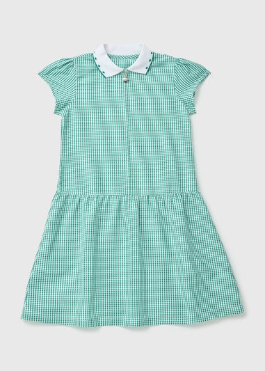 Girls Green Gingham Knit Collar School Dress (4-14yrs)
