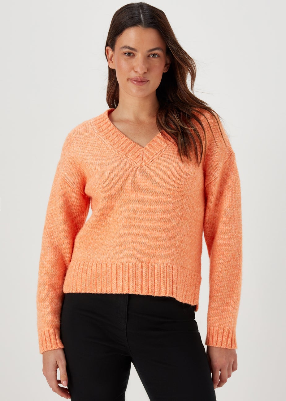 Orange V Neck Brushed Jumper