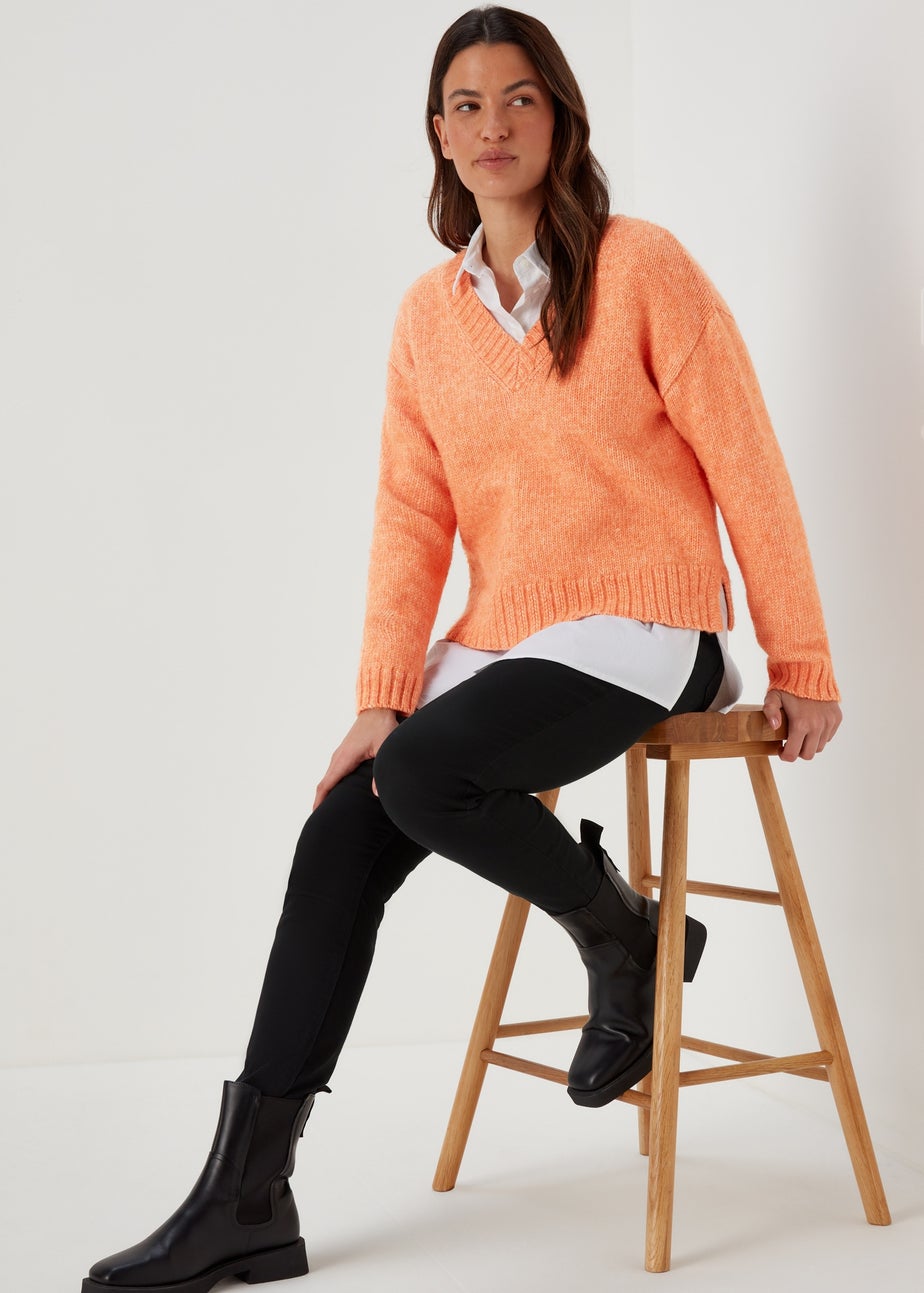 Orange V Neck Brushed Jumper