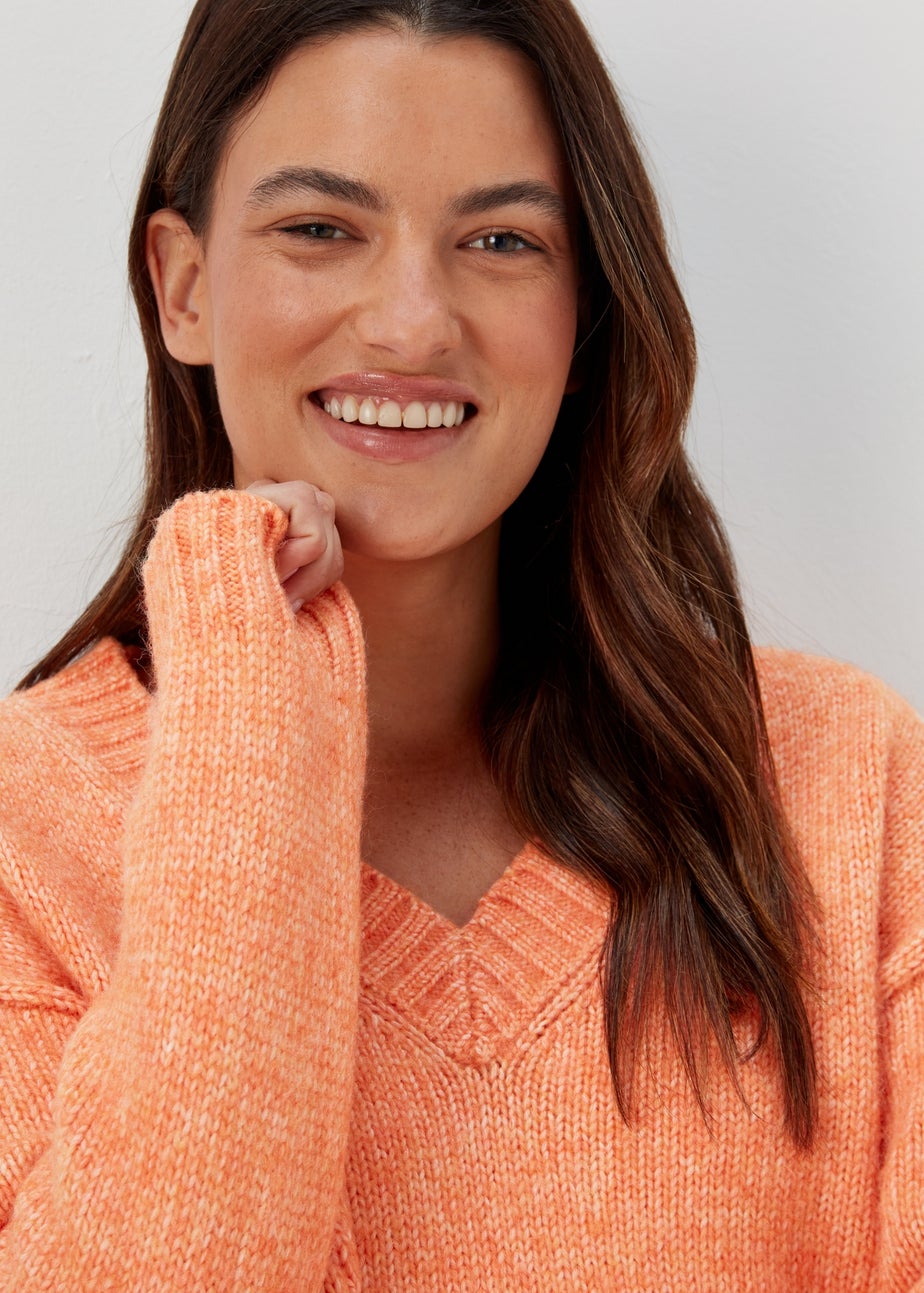 Orange V Neck Brushed Jumper