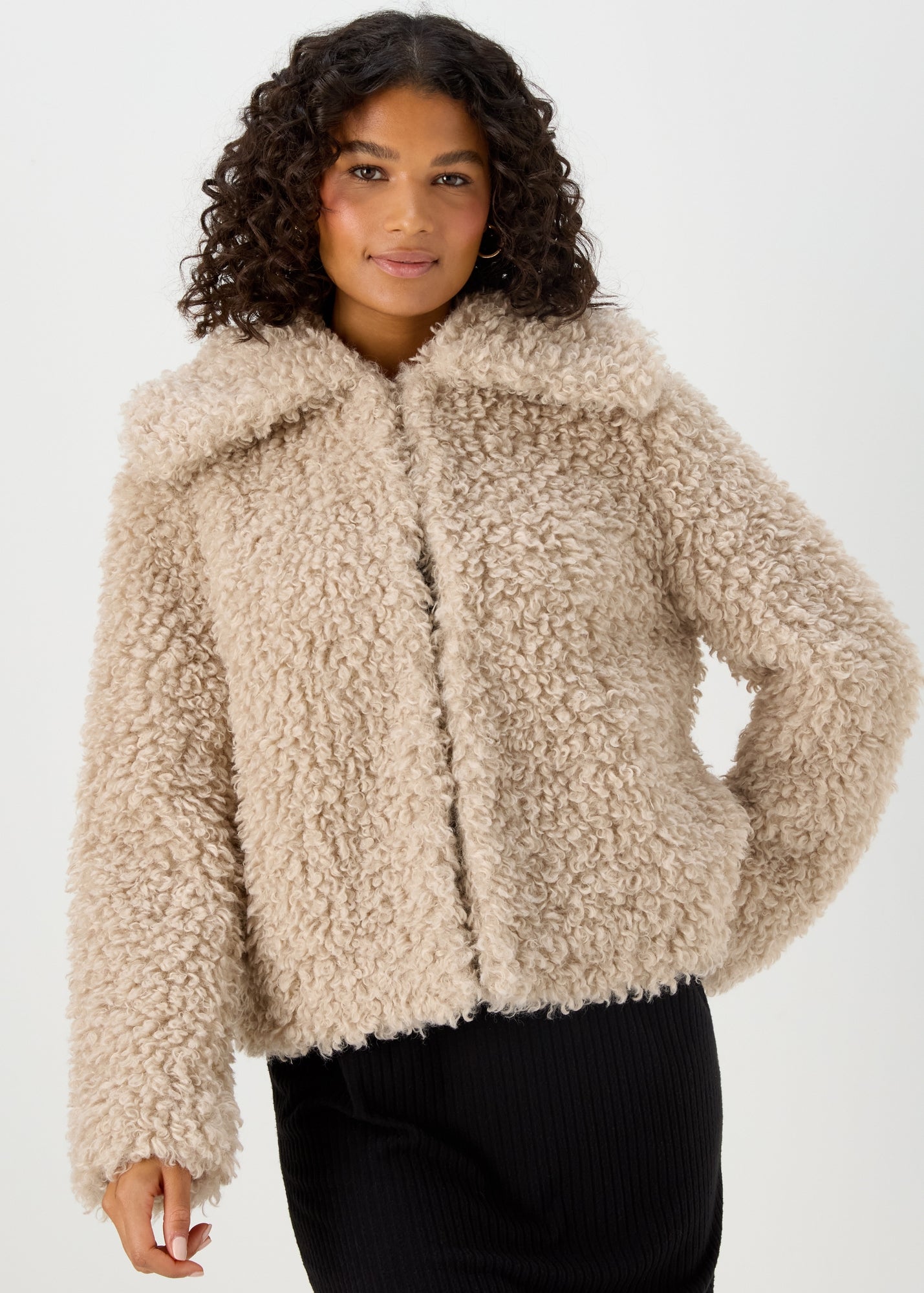 Beige Faux Fur Short Collar Jacket - Matalan
