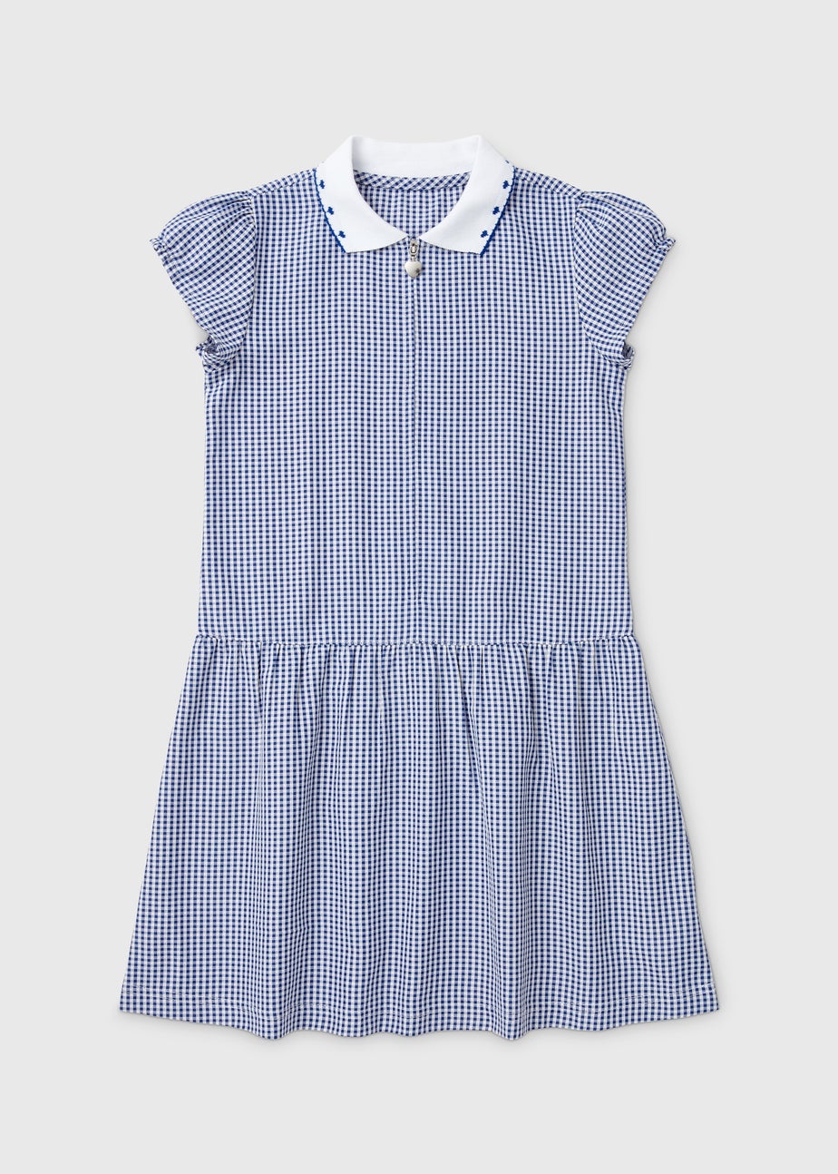 Girls Navy Gingham Knit Collar School Dress (3-14yrs)