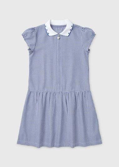 Girls Navy Gingham Knit Collar School Dress (3-14yrs)
