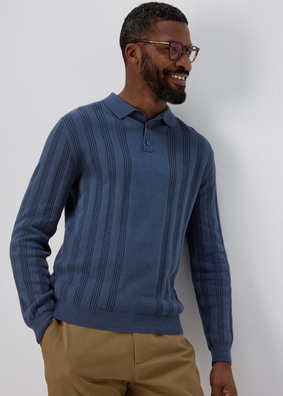 Blue Ribbed Long Sleeve Polo Shirt