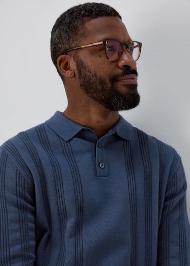 Blue Ribbed Long Sleeve Polo Shirt