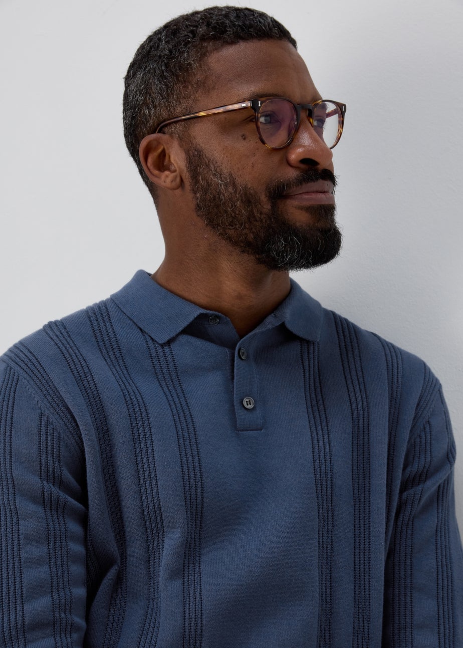 Blue Ribbed Long Sleeve Polo Shirt