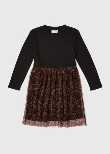 Girls Black Leopard 2 In 1 Mesh Dress (7-12yrs)