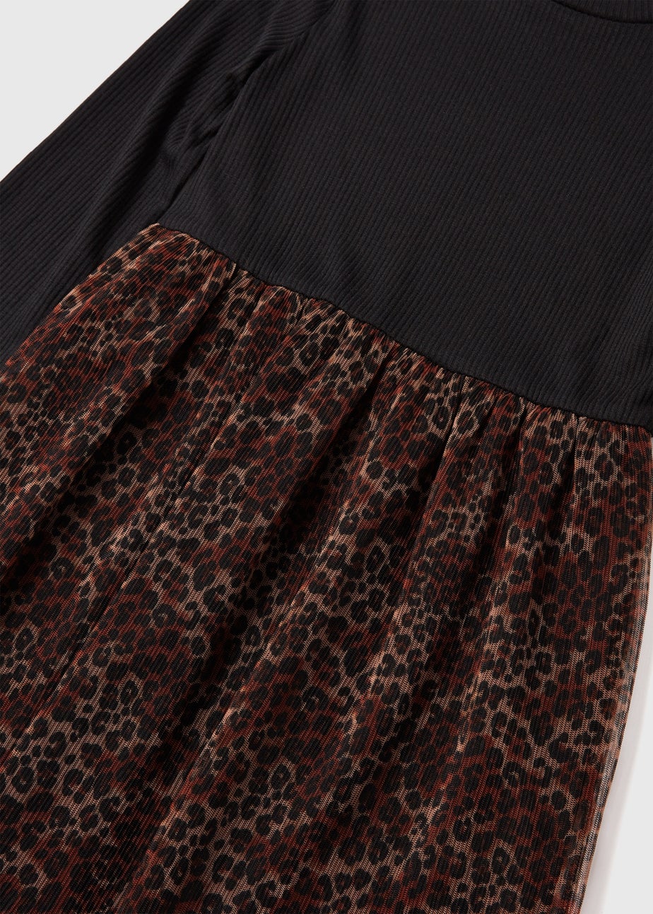 Girls Black Leopard 2 In 1 Mesh Dress (7-12yrs)