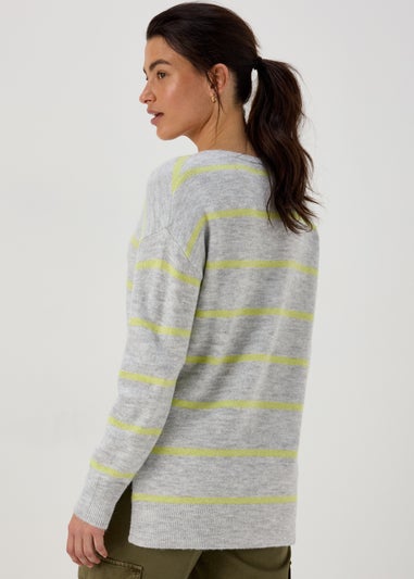 Grey Spandex Stripe V Neck Jumper