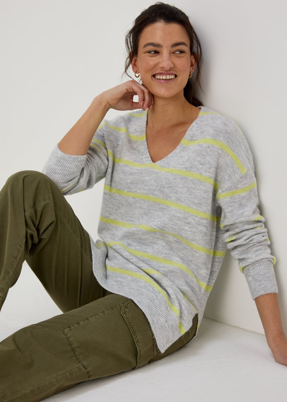 Grey Spandex Stripe V Neck Jumper